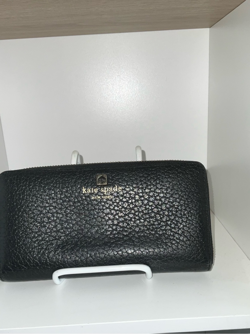 kate spade Black Leather Zip-Around Card Wallet with Gold Hardware